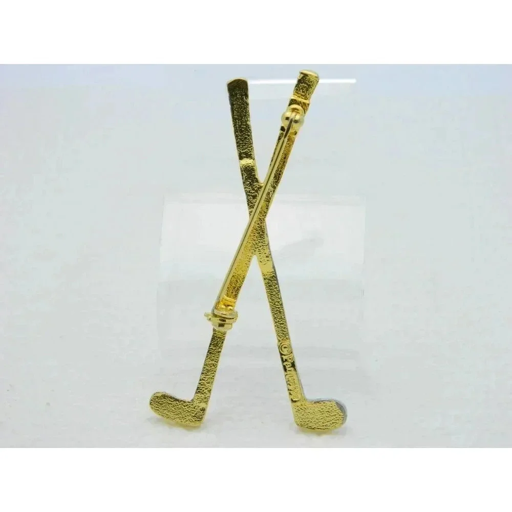 Vintage PAQUETTE Gold & Silver Tone Metal Golf Clubs Clear Rhinestone Pin Brooch